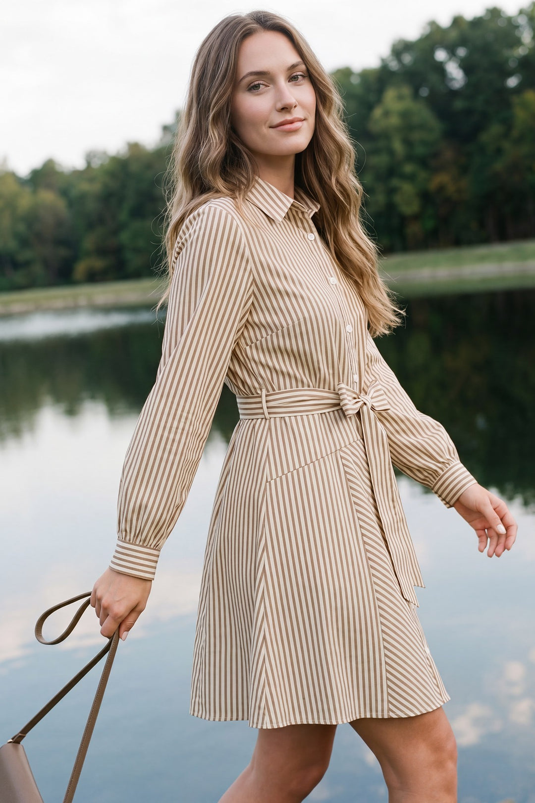 Taupe Striped Button Down Mini Dress | Long Sleeve Belted Shirt Dress with Pockets