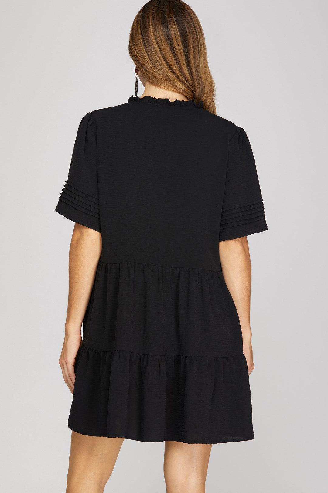Black Tiered Mini Dress | Ruffle Trim Pleated Sleeve Dress with Pockets