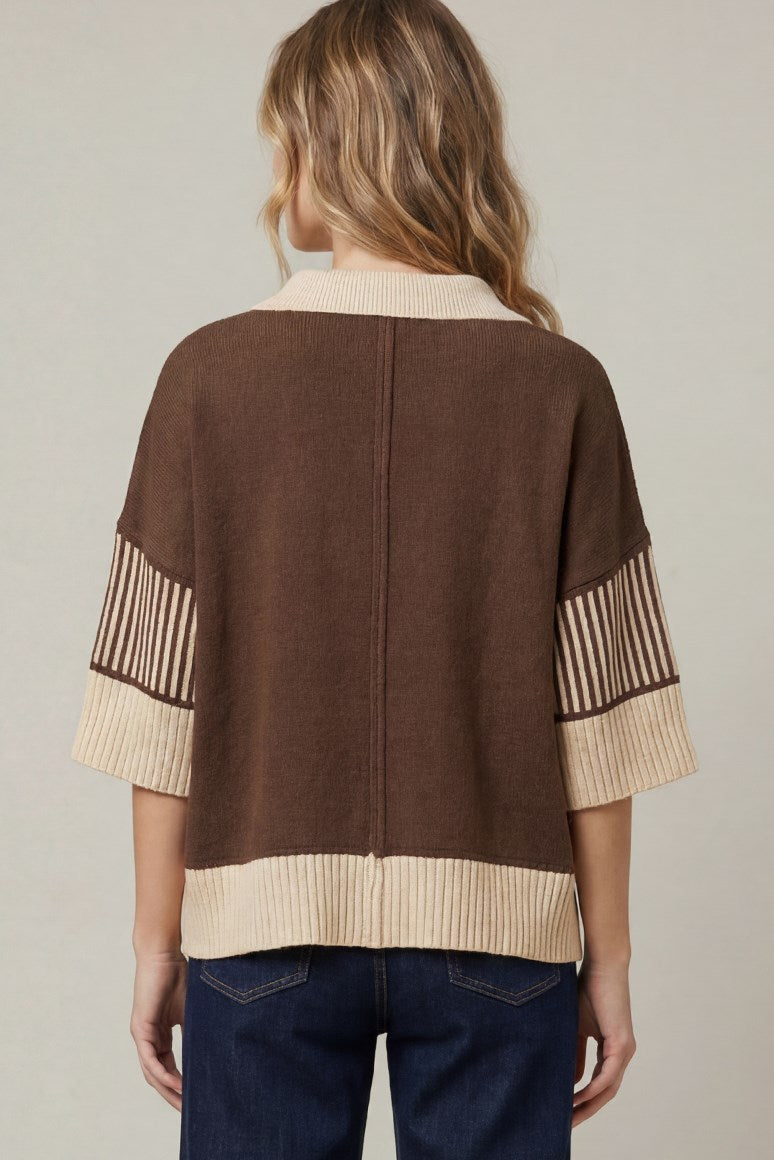 Brown Collared Sweater Top | Contrast Stripe Half Sleeve Knit Pullover