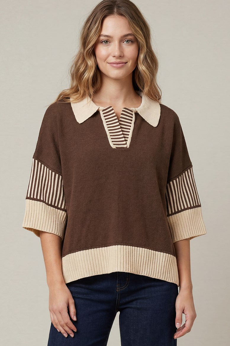 Brown Collared Sweater Top | Contrast Stripe Half Sleeve Knit Pullover