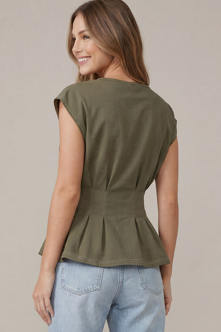 Olive Pintuck Peplum Top | Contrast Stitch Cap Sleeve Knit Blouse