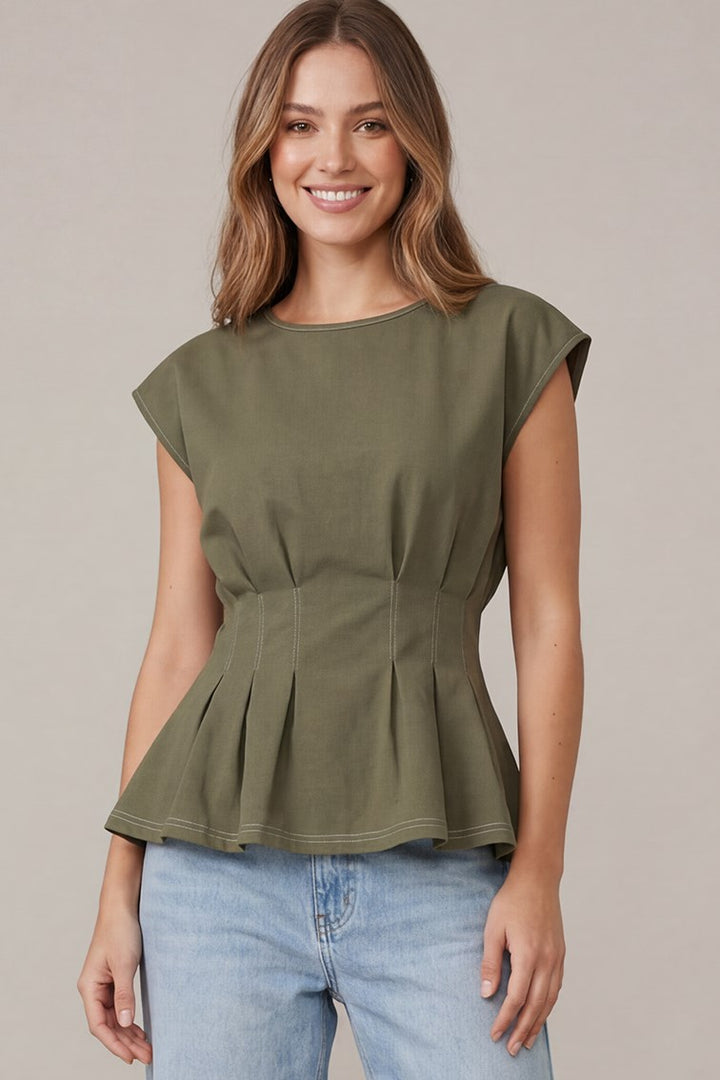 Olive Pintuck Peplum Top | Contrast Stitch Cap Sleeve Knit Blouse