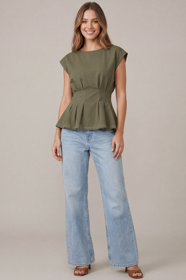 Olive Pintuck Peplum Top | Contrast Stitch Cap Sleeve Knit Blouse