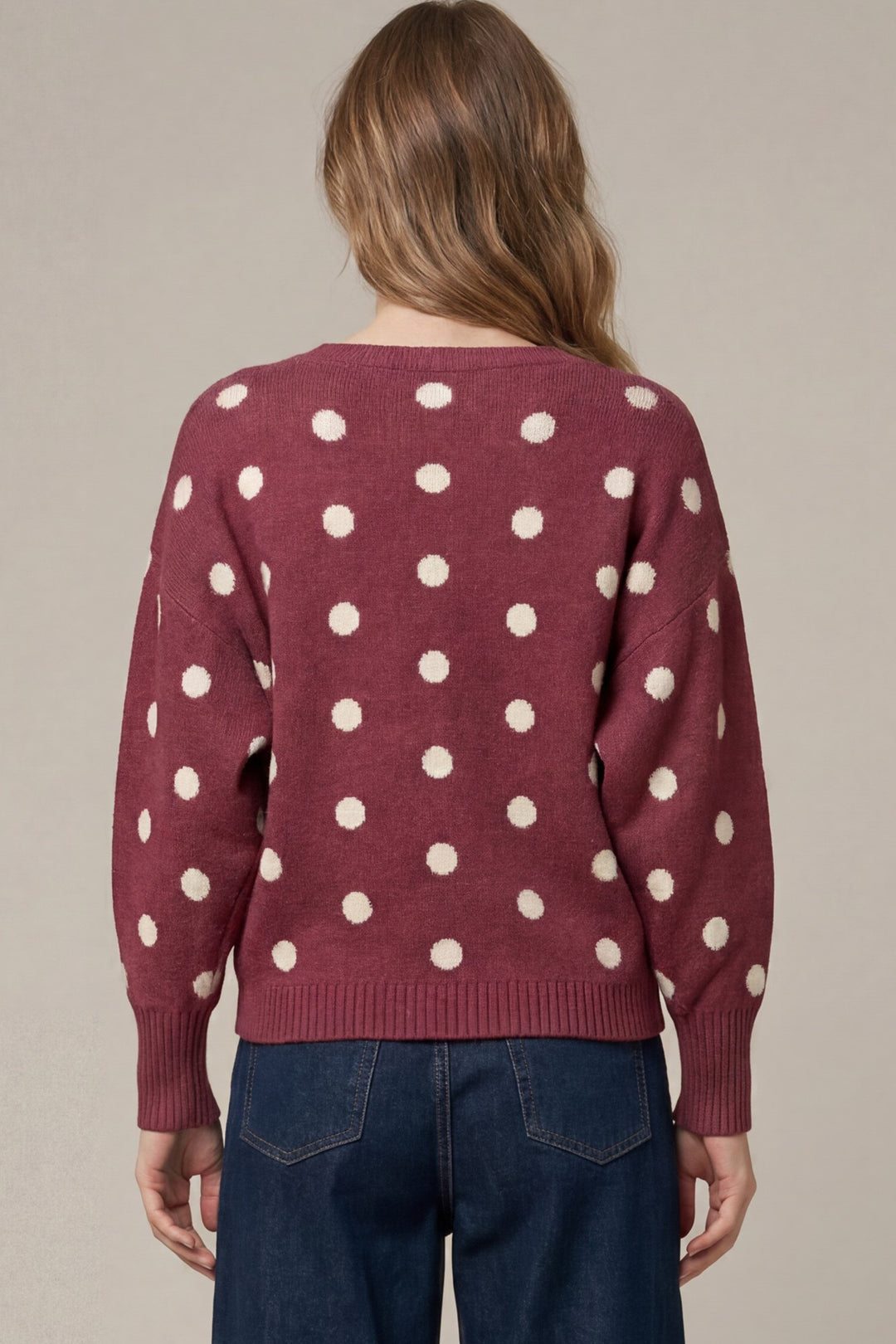 Burgundy Polka Dot Sweater | Boat Neck Long Sleeve Knit Pullover