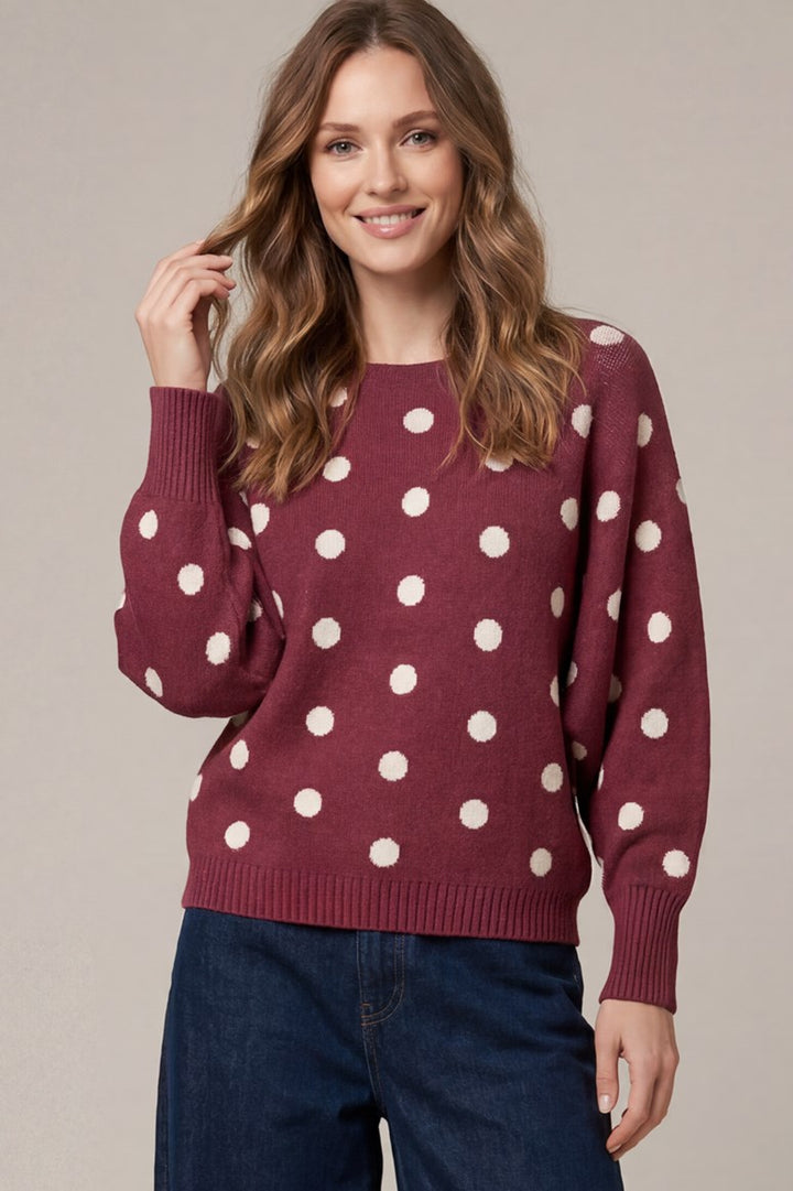 Burgundy Polka Dot Sweater | Boat Neck Long Sleeve Knit Pullover