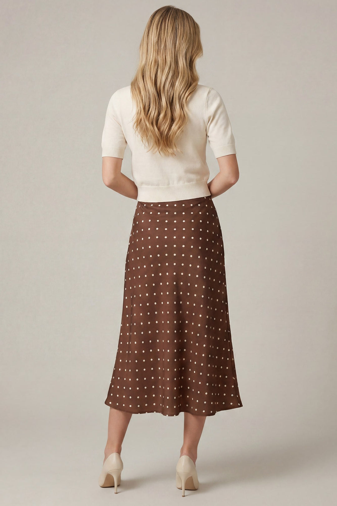 Mocha Polka Dot Midi Skirt | Elastic Waist Lined Woven Skirt
