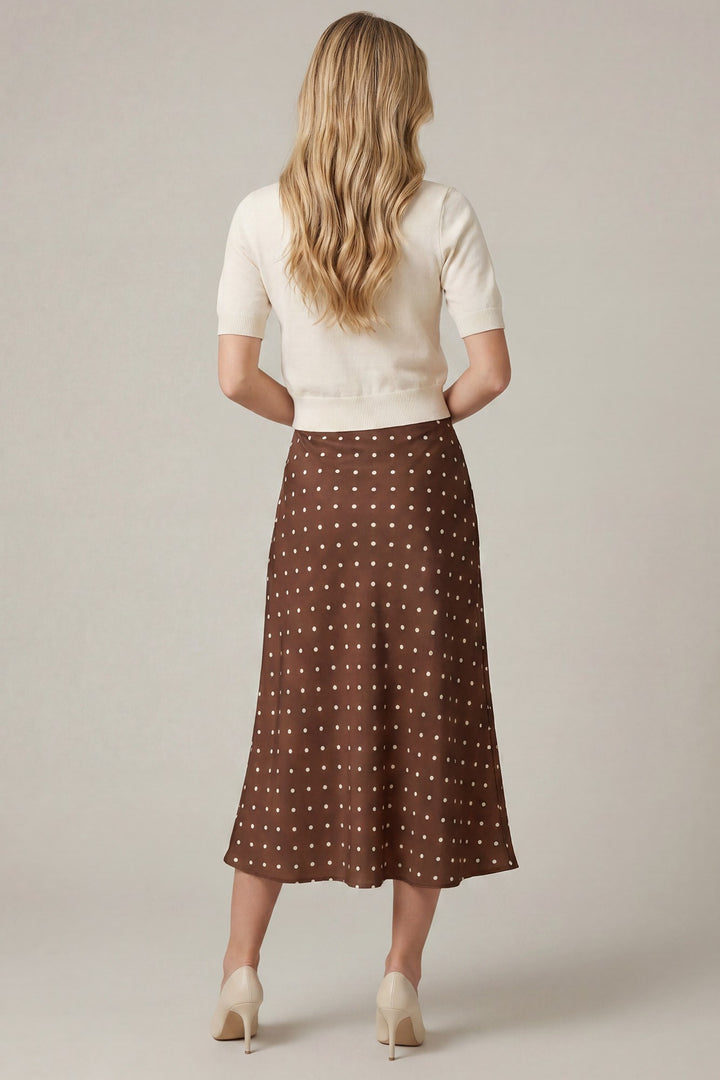 Mocha Polka Dot Midi Skirt | Elastic Waist Lined Woven Skirt