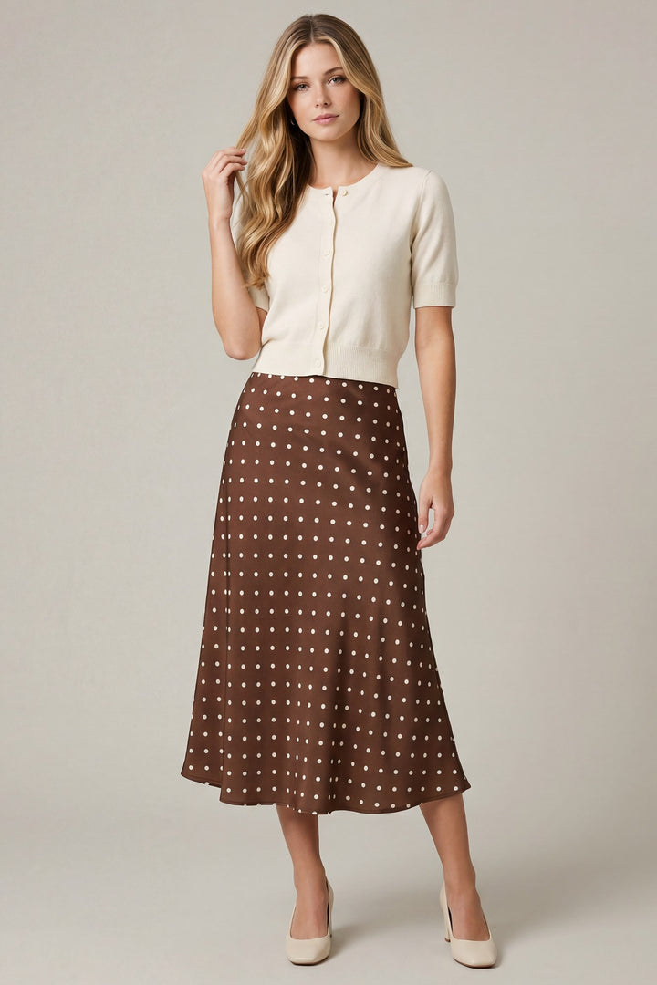 Mocha Polka Dot Midi Skirt | Elastic Waist Lined Woven Skirt