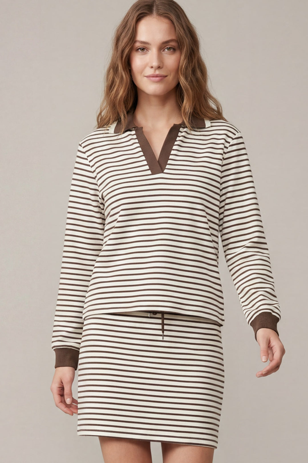 Mocha Stripe Collared Pullover &amp; Skirt Set