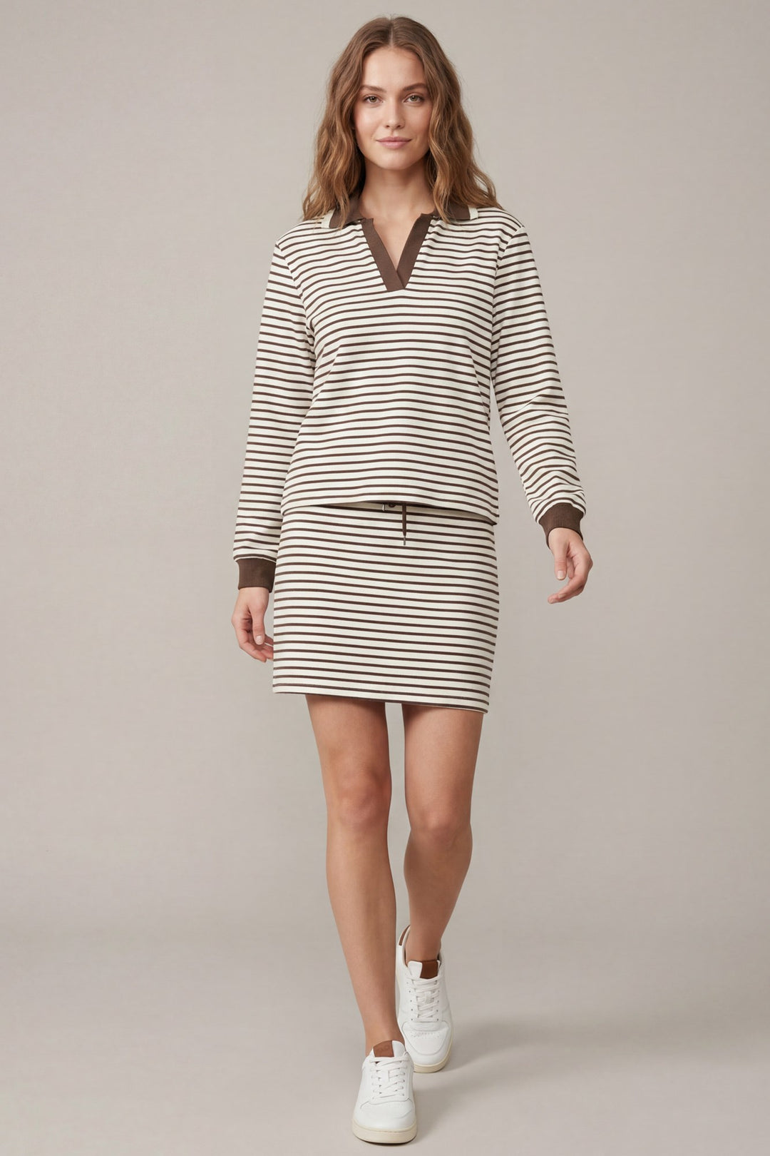 Mocha Stripe Collared Pullover &amp; Skirt Set