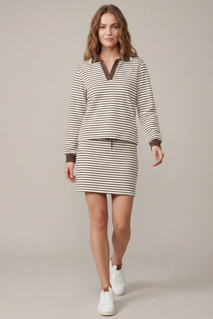 Mocha Stripe Collared Pullover &amp; Skirt Set
