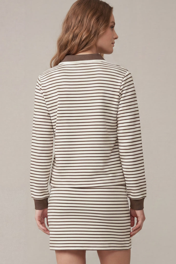 Mocha Stripe Collared Pullover &amp; Skirt Set