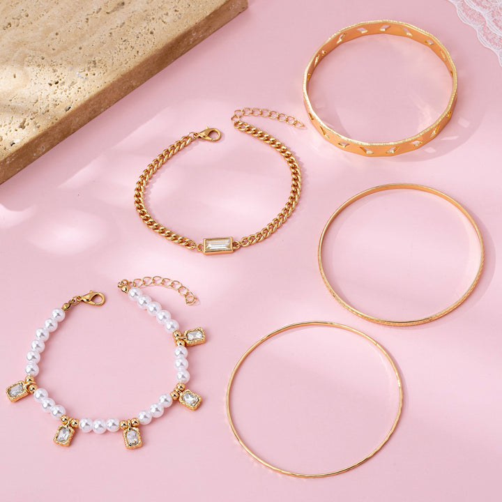 Gold Pearl &amp; Crystal Drop Layered Bracelet Set | 80B1618