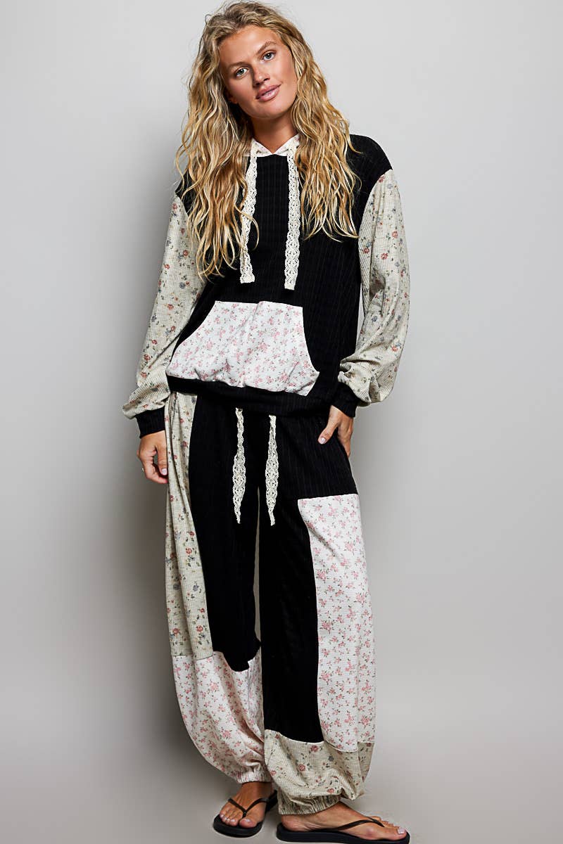 Boho Mixed Knit Contrast Sleeve Hooded Pulloverl