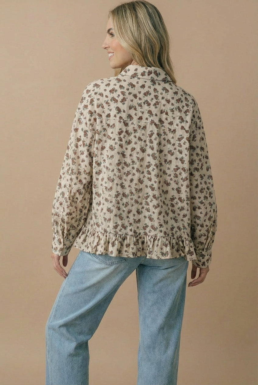Vintage Floral Peplum Button Down Shirt | Collared Long Sleeve Babydoll Blouse