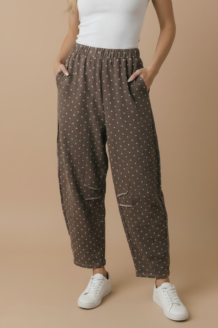 Mocha Polka Dot Barrel Pants | French Terry Elastic Waist Lounge Pants