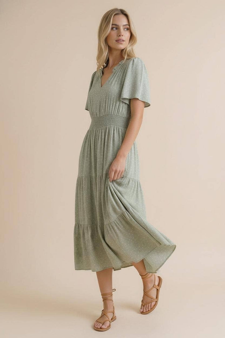 Sage Polka Dot Tiered Maxi Dress | Smocked Waist Flutter Sleeve Dress with Pockets