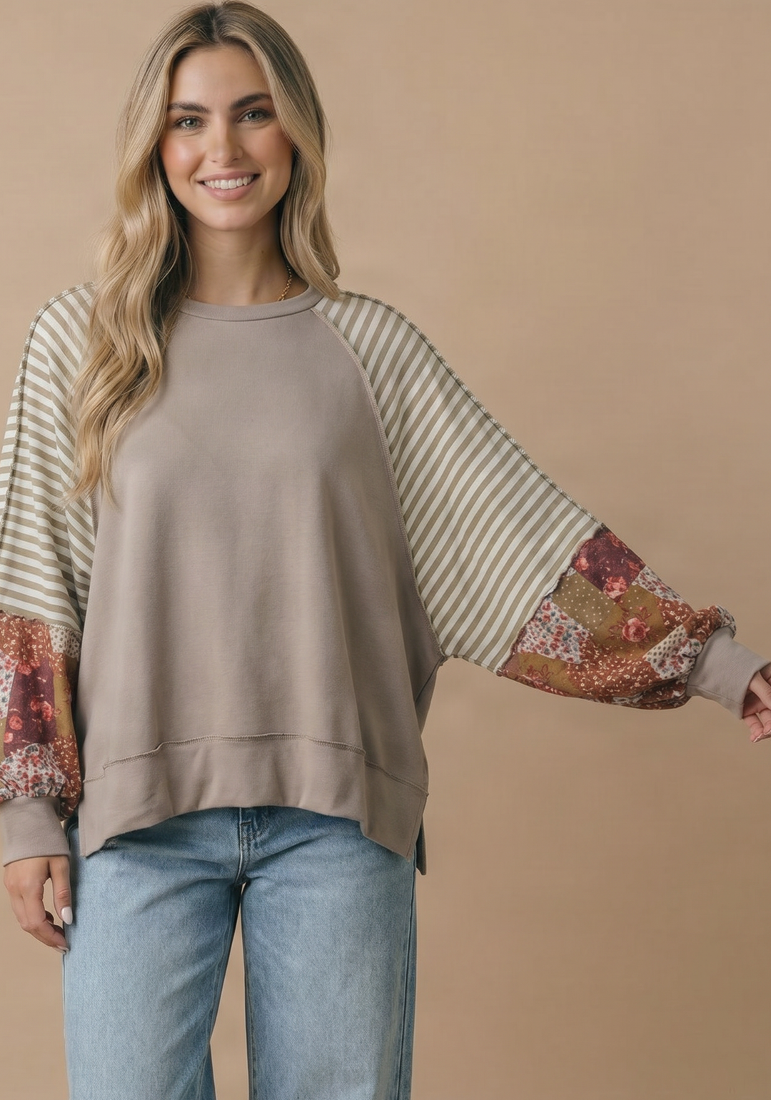 Round Neck Raglan Bubble Sleeve Pullover Top