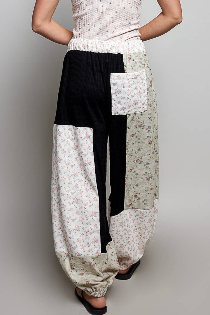 Boho Elastic Waistband Patchwork Knit Balloon Wide Leg Pants