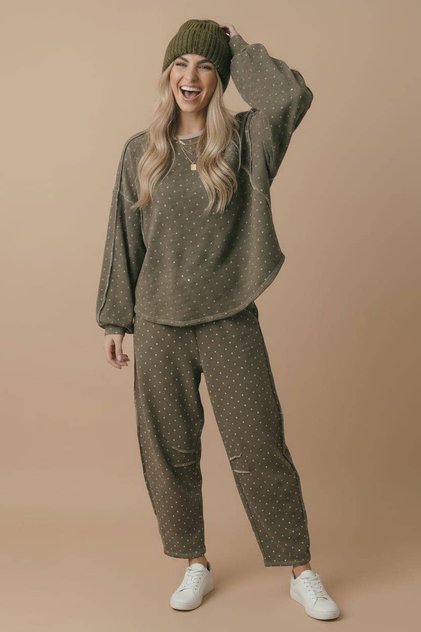 Mocha Polka Dot Barrel Pants | French Terry Elastic Waist Lounge Pants