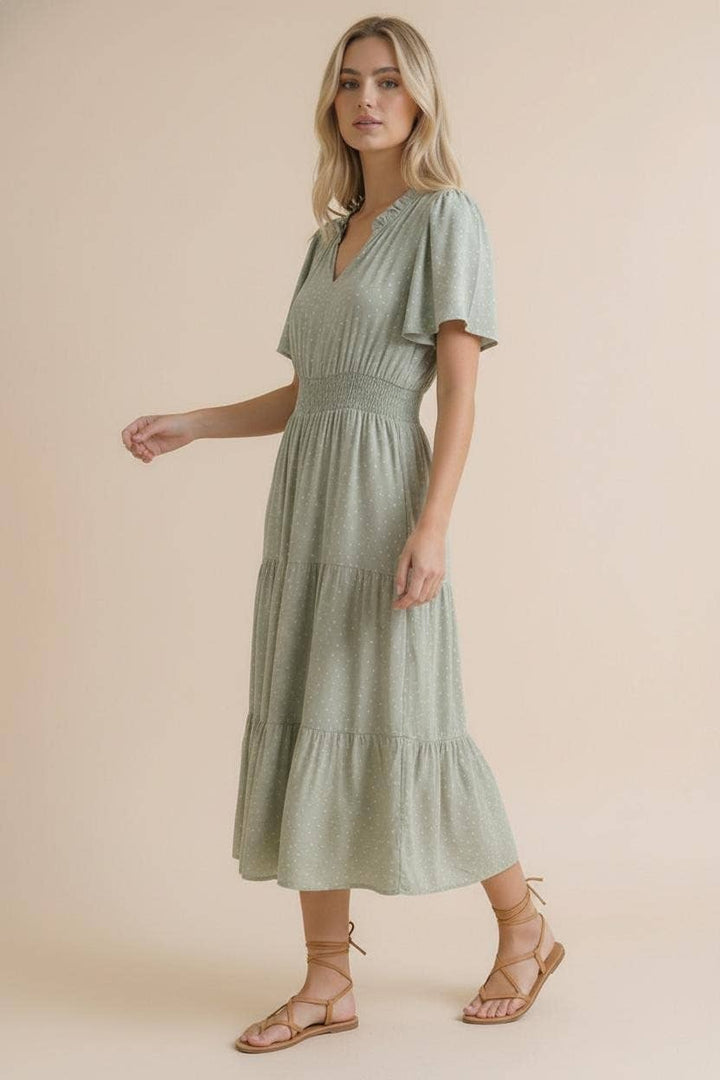 Sage Polka Dot Tiered Maxi Dress | Smocked Waist Flutter Sleeve Dress with Pockets