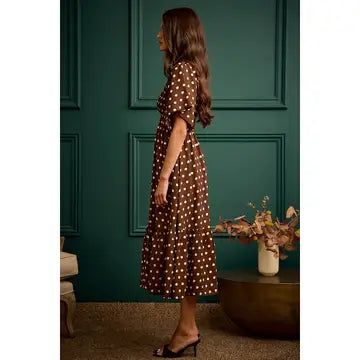 Brown Polka Dot Smocked Midi Dress | Flutter Sleeve Boutique Dress