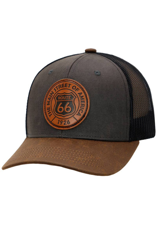 Route 66 Patch Faux Oiled Leather Trucker Hat