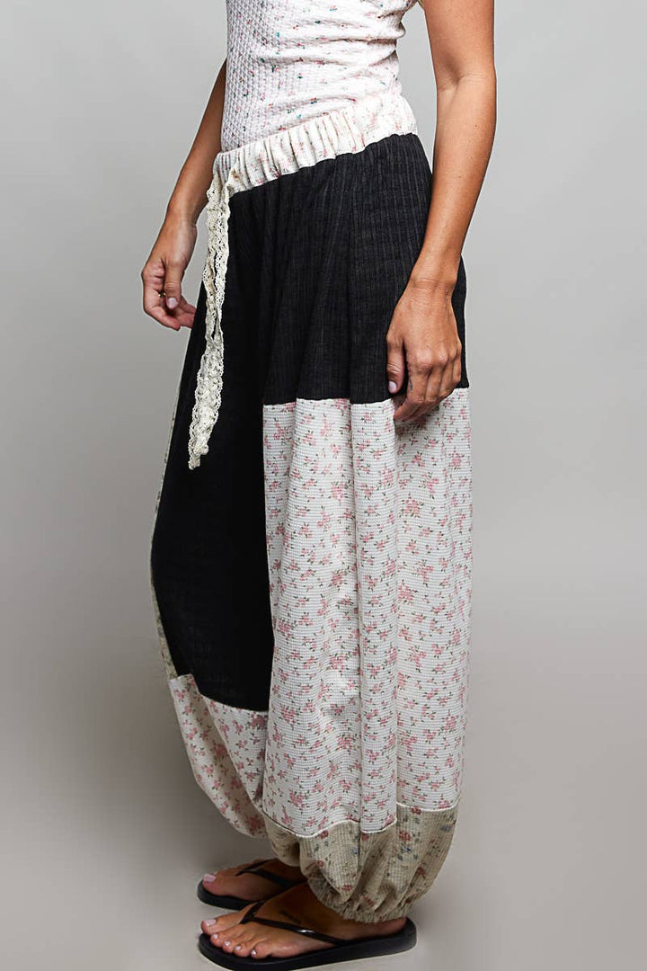 Boho Elastic Waistband Patchwork Knit Balloon Wide Leg Pants
