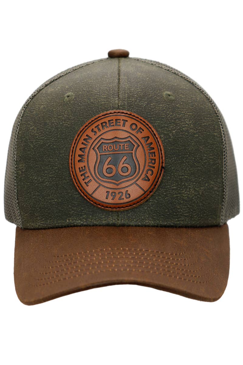 Route 66 Patch Faux Oiled Leather Trucker Hat