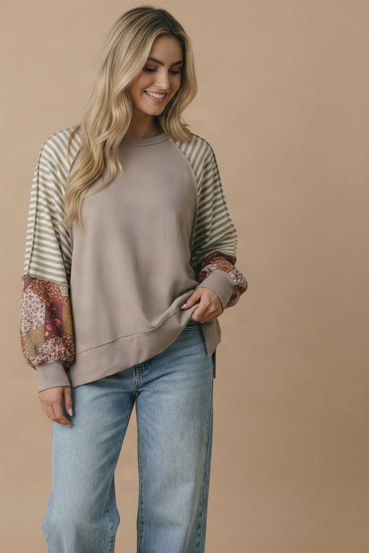 Round Neck Raglan Bubble Sleeve Pullover Top