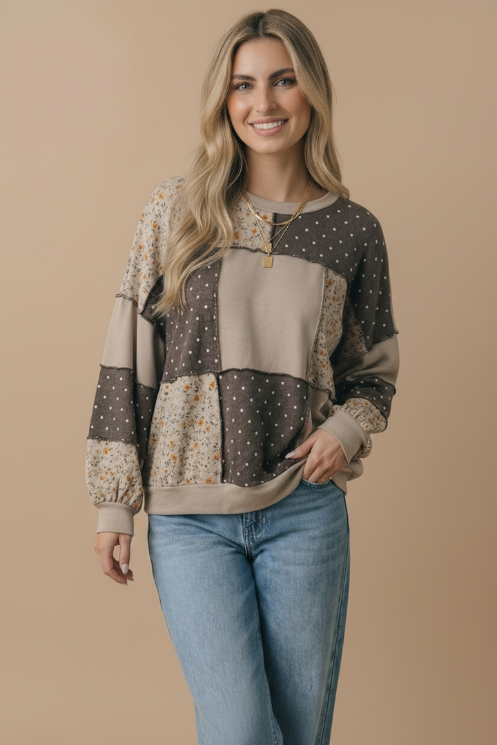 Round Neck Floral &amp; Polka Dot Patchwork French Terry Pullover