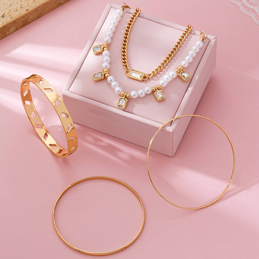 Gold Pearl &amp; Crystal Drop Layered Bracelet Set | 80B1618