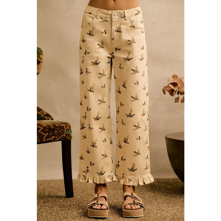 Mallard Duck Print Ruffle Hem Pants | Cream Cotton Boutique Pants
