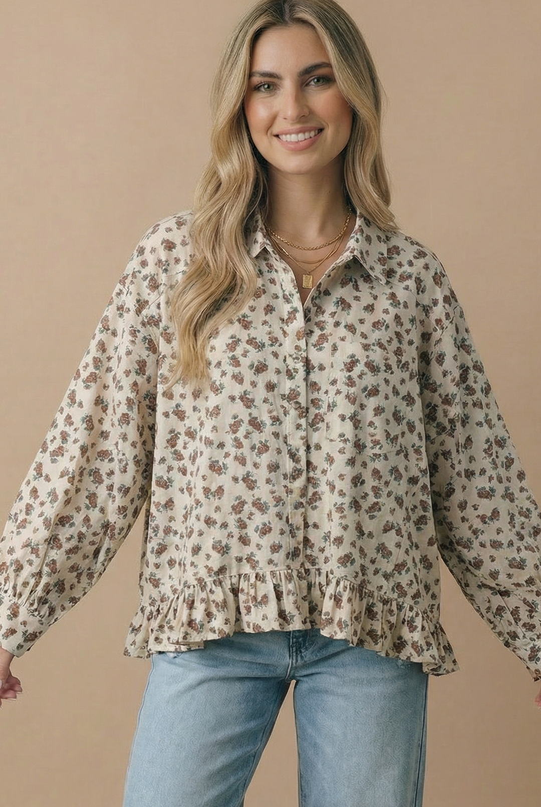 Vintage Floral Peplum Button Down Shirt | Collared Long Sleeve Babydoll Blouse