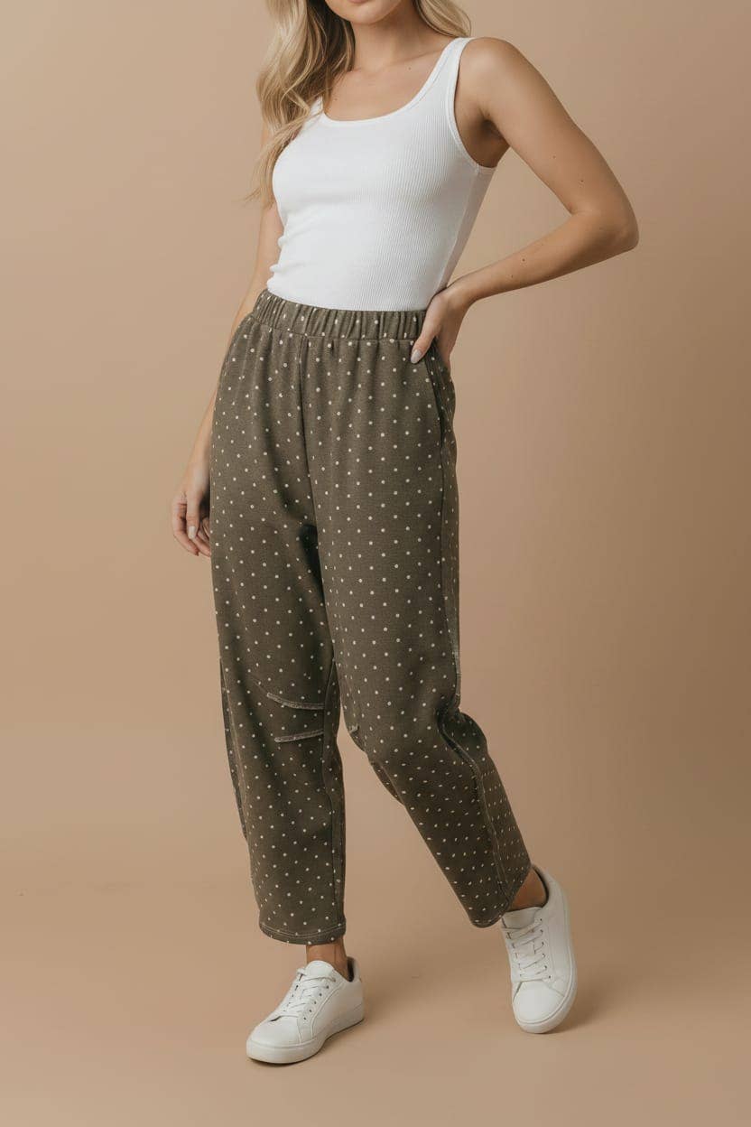 Mocha Polka Dot Barrel Pants | French Terry Elastic Waist Lounge Pants