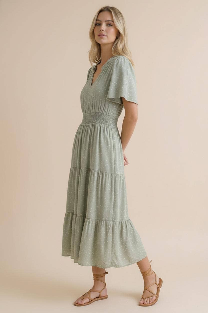 Sage Polka Dot Tiered Maxi Dress | Smocked Waist Flutter Sleeve Dress with Pockets