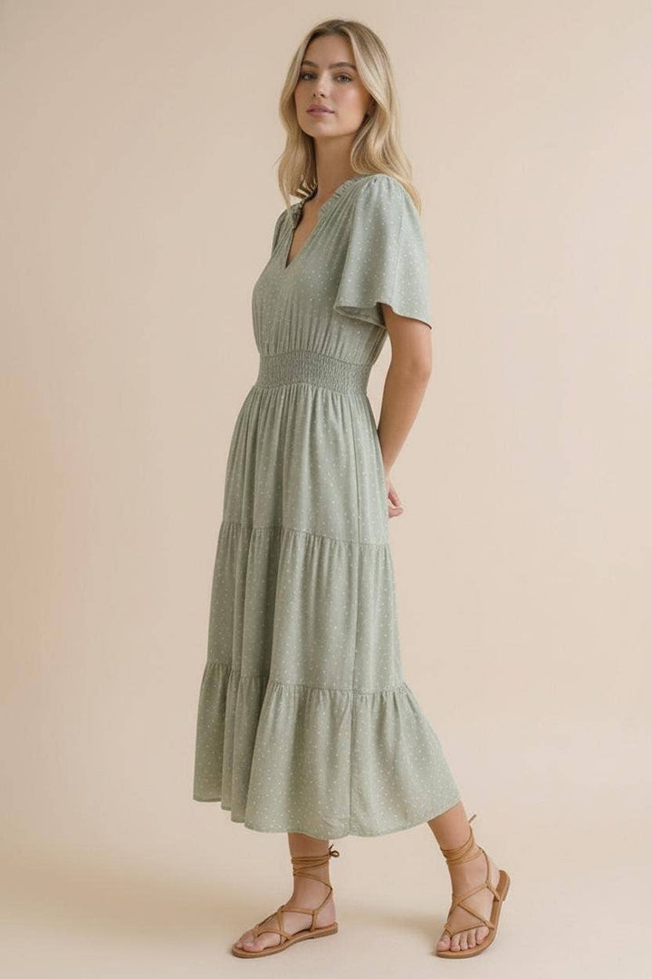 Sage Polka Dot Tiered Maxi Dress | Smocked Waist Flutter Sleeve Dress with Pockets