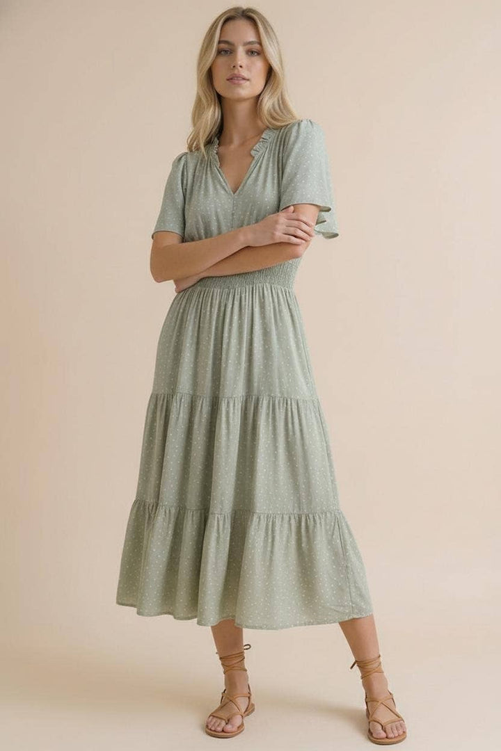 Sage Polka Dot Tiered Maxi Dress | Smocked Waist Flutter Sleeve Dress with Pockets