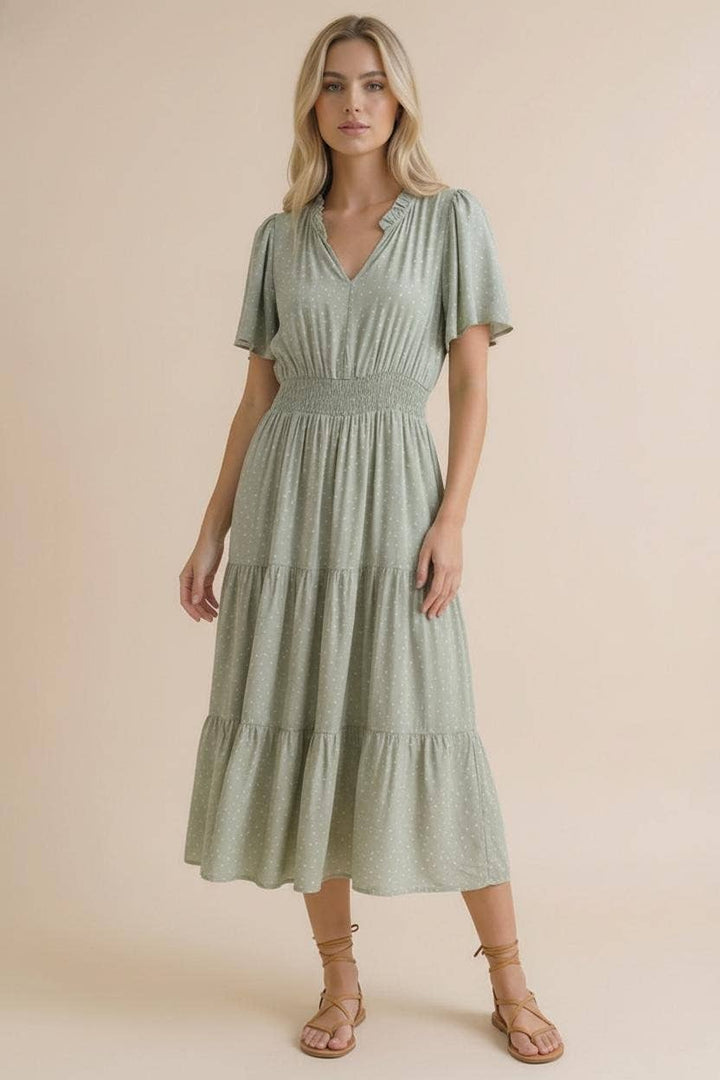 Sage Polka Dot Tiered Maxi Dress | Smocked Waist Flutter Sleeve Dress with Pockets