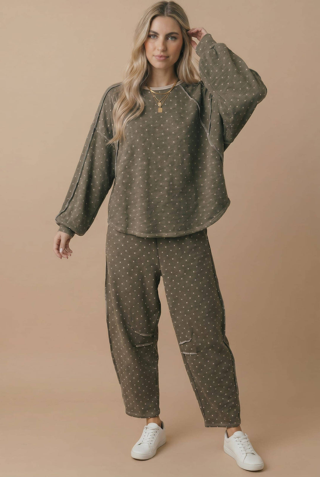 Mocha Polka Dot Barrel Pants | French Terry Elastic Waist Lounge Pants