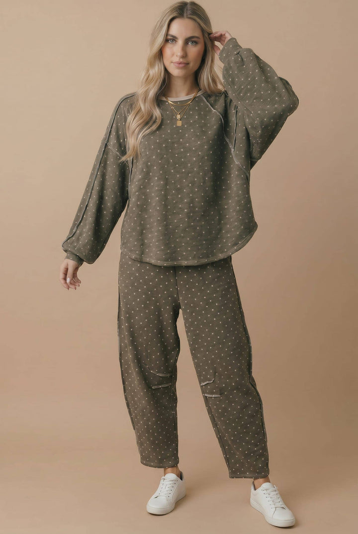 Mocha Polka Dot Barrel Pants | French Terry Elastic Waist Lounge Pants