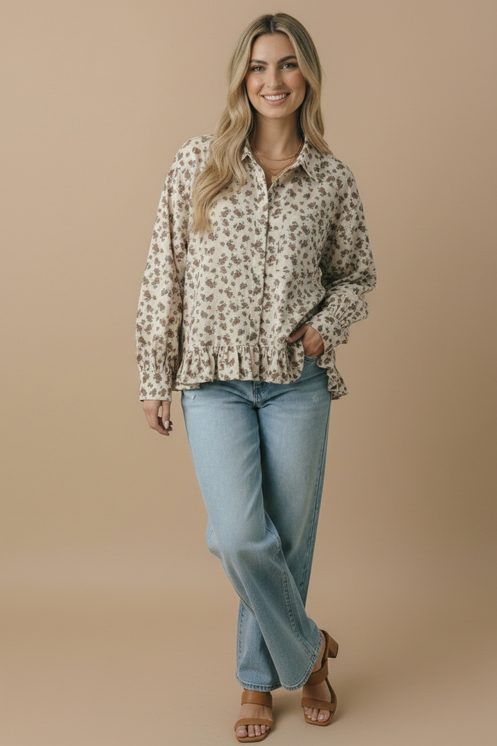 Vintage Floral Peplum Button Down Shirt | Collared Long Sleeve Babydoll Blouse
