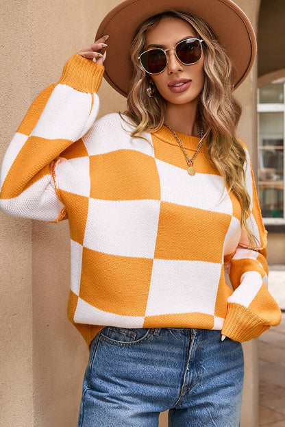 Checkered Bishop Sleeve Sweater