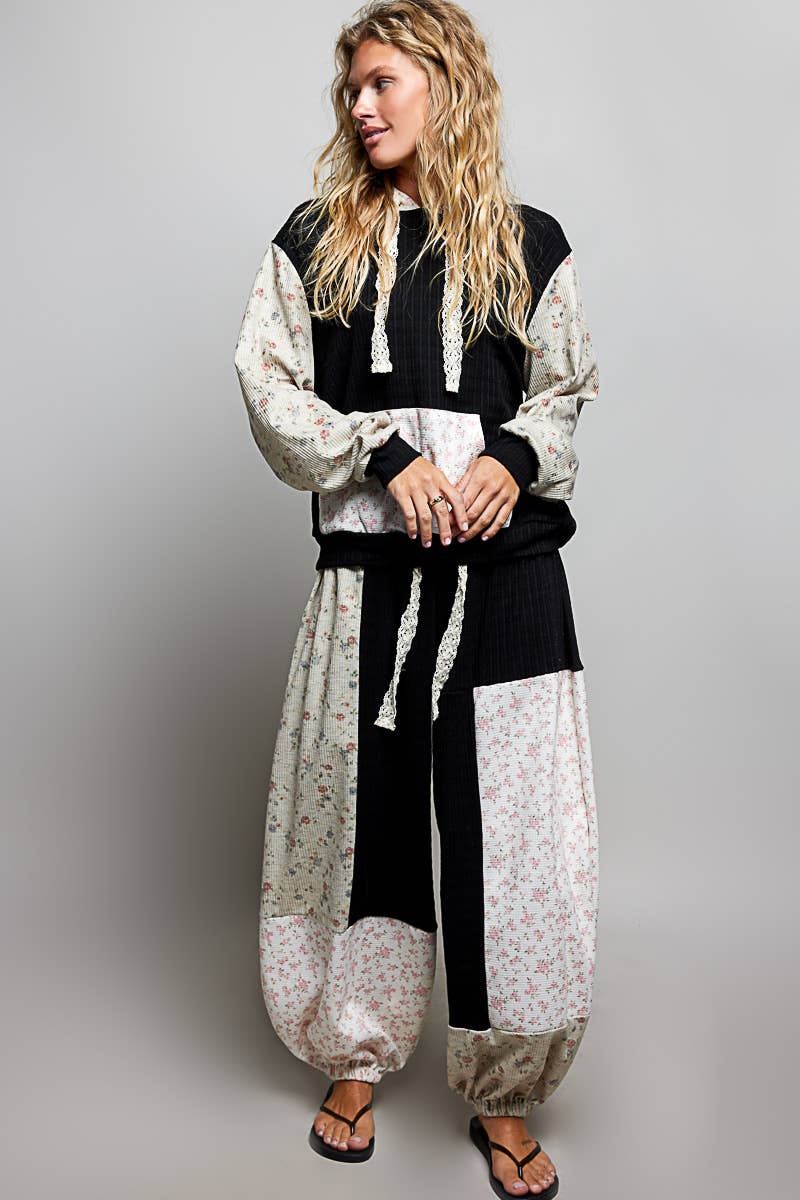 Boho Elastic Waistband Patchwork Knit Balloon Wide Leg Pants