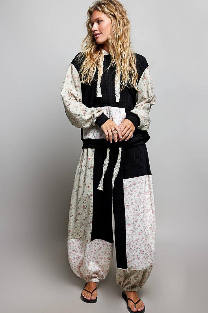 Boho Elastic Waistband Patchwork Knit Balloon Wide Leg Pants