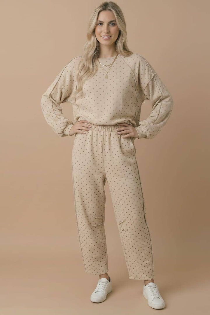 Mocha Polka Dot Barrel Pants | French Terry Elastic Waist Lounge Pants