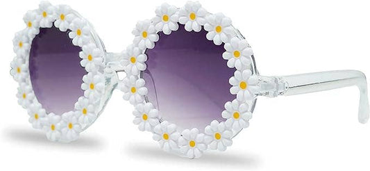 Kids Sunglasses - Round Daisy Flower - White