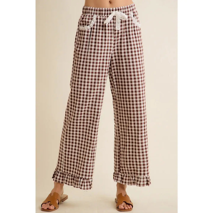 Brown Gingham Ruffle Lounge Pants | Cotton Pull-On Wide Leg Pants
