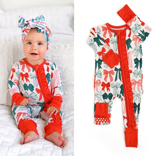 Belle Bows RUFFLE ZIP Christmas Bamboo Baby One Piece Outfit