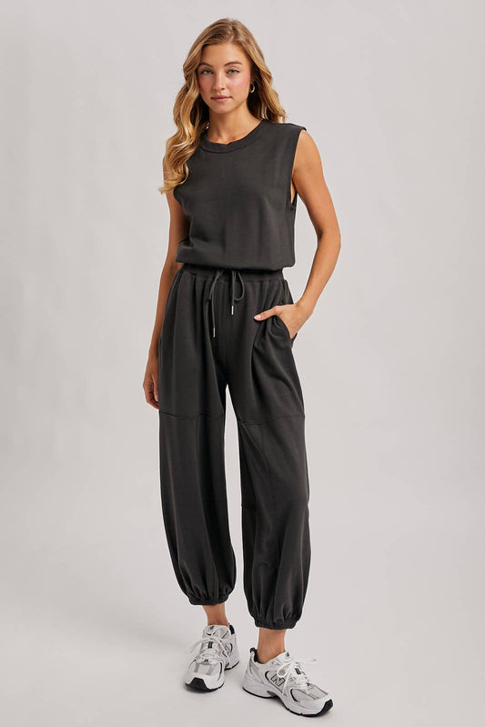DRAWSTRING WAIST SLEEVELESS KNIT ACTIVE JUMPSUIT
